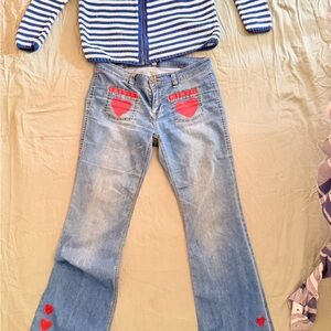 Up-cycled CAbi Light Blue Flare Jeans with Red Heart Pocket Appliqués